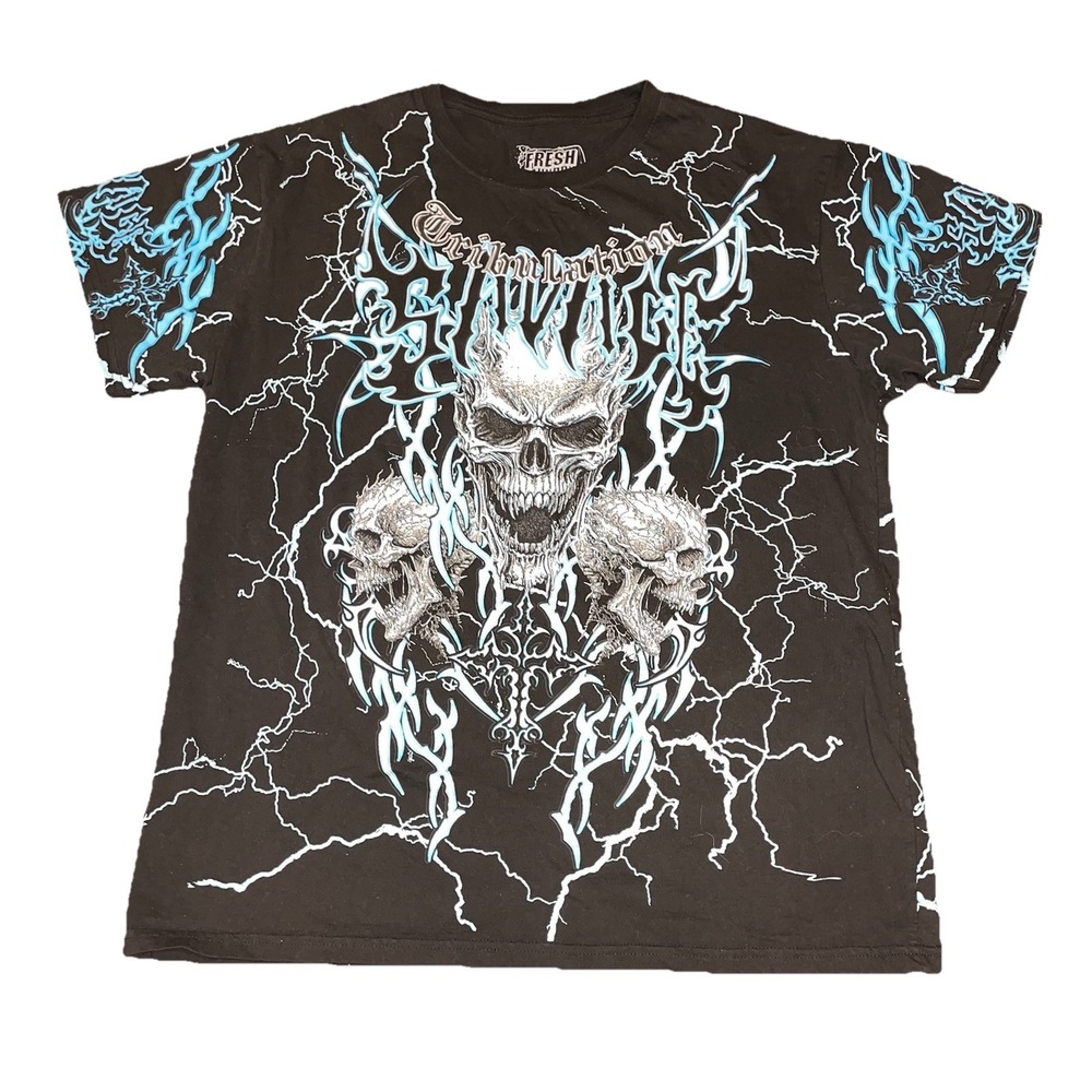 Fresh Laundry "Tribulation Savage" AOP Skull Lightning Graphic Tee - Size XL